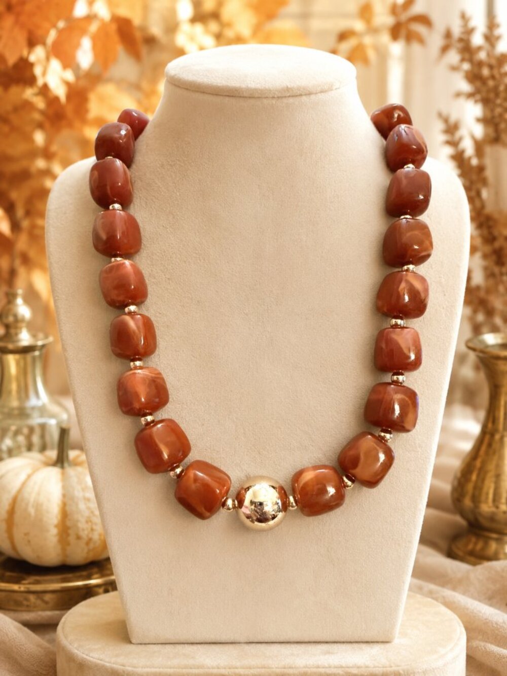 Brown Statement Bead Necklace, Chunky Brown Necklace, Gold Accent Beaded Jewelry